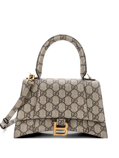 Pre-owned Gucci X Balenciaga The Hacker Project Hourglass Top Handle Bag Gg Coated Canvas Small Shoulder Bag In Brown