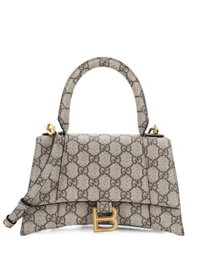 Pre-owned Gucci X Balenciaga The Hacker Project Hourglass Top Handle Bag Gg Coated Canvas Small Shoulder Bag In Brown