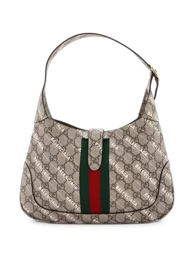 Pre-owned Gucci X Balenciaga The Hacker Project Jackie 1961 Gg Coated Canvas Small Hobo Bag In Brown