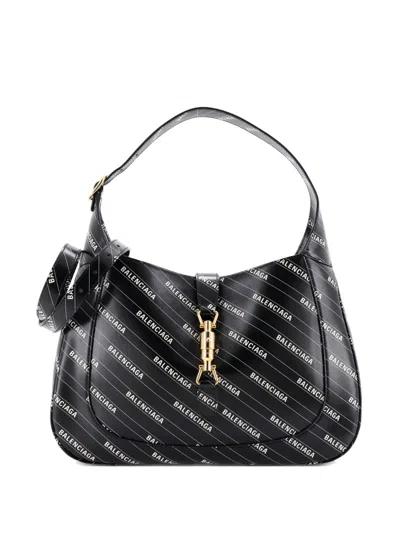 Pre-owned Gucci X Balenciaga The Hacker Project Jackie 1961 Printed Leather Medium Hobo Bag In Black