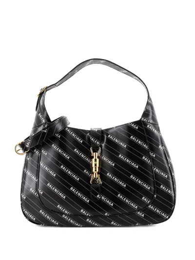 Pre-owned Gucci X Balenciaga The Hacker Project Jackie 1961 Printed Leather Medium Hobo Bag In Black