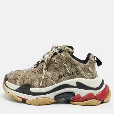 Pre-owned Gucci X Balenciaga The Hacker Project Size 37 Brown Coated Canvas Triple S Lace Up Sneakers