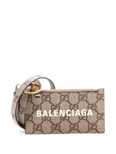 Pre-owned Gucci X Balenciaga The Hacker Project Zip Case With Strap Gg Coated Canvas Card Holder In Brown