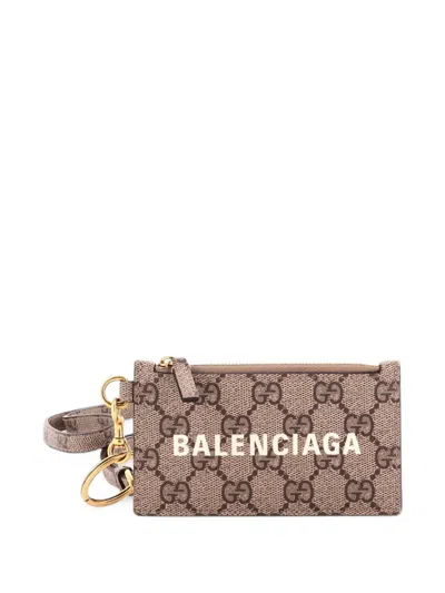 Pre-owned Gucci X Balenciaga The Hacker Project Zip Case With Strap Gg Coated Canvas Card Holder In Brown