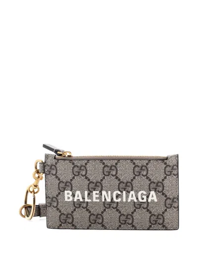 Pre-owned Gucci X Balenciaga The Hacker Project Zip Case With Strap Gg Coated Canvas Card Holder In Neutral