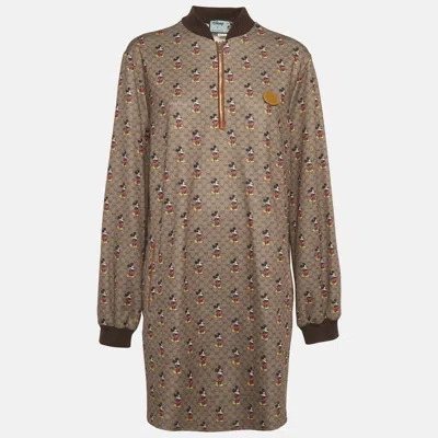 Pre-owned Gucci X Disney Brown Gg Mickey Mouse Print Jersey Mini Dress Xl