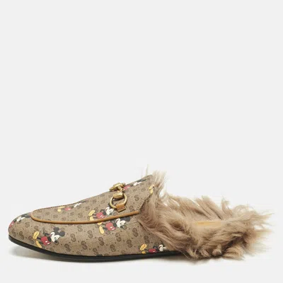 Pre-owned Gucci X Disney Brown Mickey Mouse Print Gg Supreme Canvas Princetown Flat Mules Size 37.5