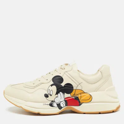 Pre-owned Gucci X Disney Cream Leather Mickey Mouse Rhyton Sneakers Size 47