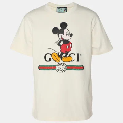Pre-owned Gucci X Disney Cream Logo Printed Cotton Crewneck Oversized T-shirt Xs