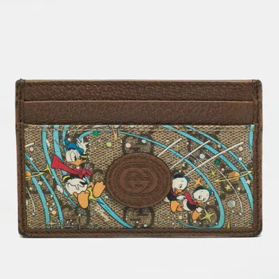 Pre-owned Gucci X Disney Donald Duck Beige/brown Gg Supreme Canvas And Leather Card Holder