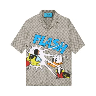 Pre-owned Gucci X Disney Donald Duck Bowling Shirt 'vintage Camel/blue' | Tan | Men's Size 46 In Brown