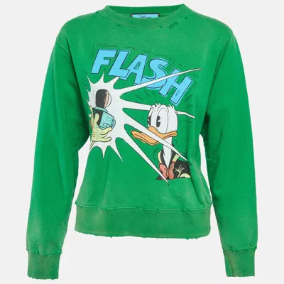 Pre-owned Gucci X Disney Green Graphic Print Cotton Knit Distressed Sweatshirt Xs