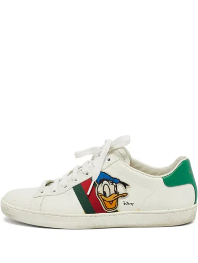 Pre-owned Gucci X Disney Leather Web-detail Sneakers In White
