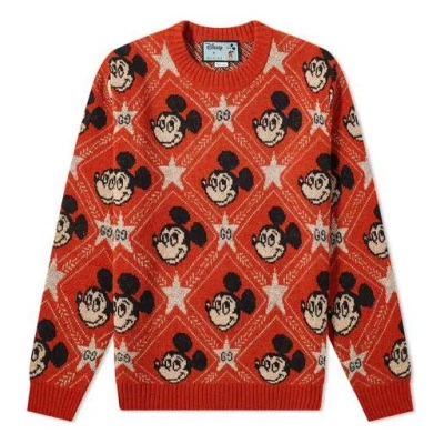Gucci X Disney Mickey Mouse Pattern Crewneck Knitted Sweater For Men Orange In Red
