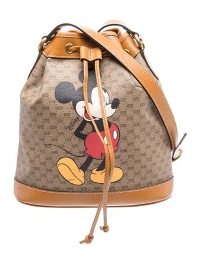 Pre-owned Gucci X Disney Micro Gg Monogram Bucket Bag In Brown