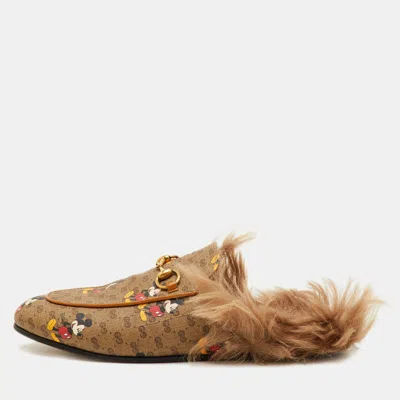 Pre-owned Gucci X Disney Princetown Size 37.5 Brown Mickey Mouse Print Gg Supreme Canvas Flat Mules