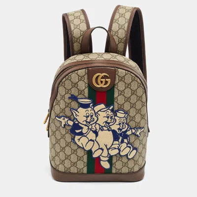 Pre-owned Gucci X Disney Three Little Pigs Ophidia Beige Gg Supreme Canvas And Leather Backpack