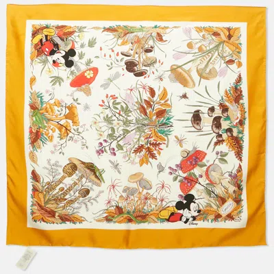 Pre-owned Gucci X Disney Yellow/ivory Printed Silk Square Scarf