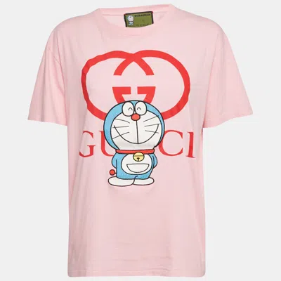 Pre-owned Gucci X Doraemon Pink Embroidered Jersey Crewneck T-shirt Xs