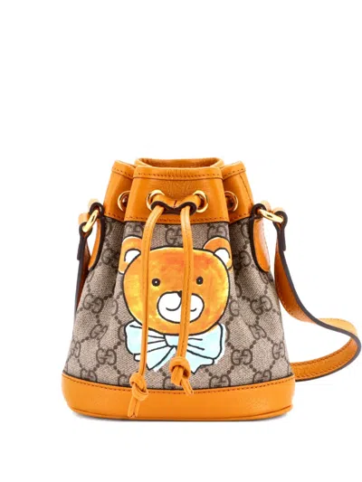 Pre-owned Gucci X Exo-kai Ophidia Bucket Bag Printed Gg Coated Canvas Mini Crossbody Bag In Brown
