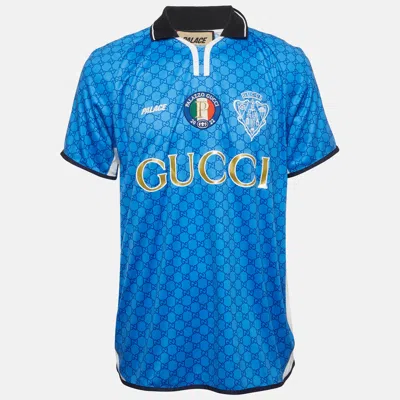 Pre-owned Gucci X Palace Blue All Over Gg Logo Print Jersey Polo T-shirt L