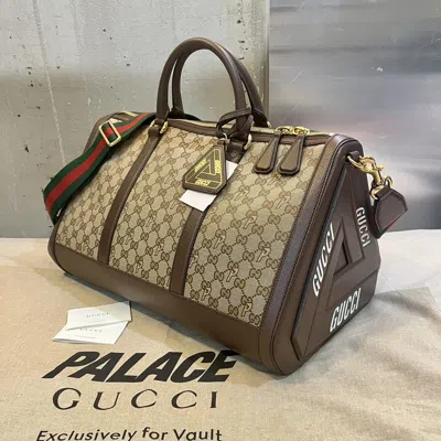 Pre-owned Gucci X Palace Fw22 Gg-p Triferg Canvas Leather Duffle Bag In Beige Ebony