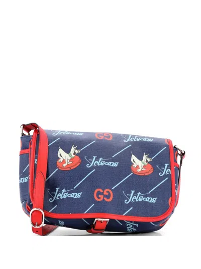 Pre-owned Gucci X The Jetsons Flap Messenger Gg Astro Printed Coated Canvas Crossbody Bag In Blue