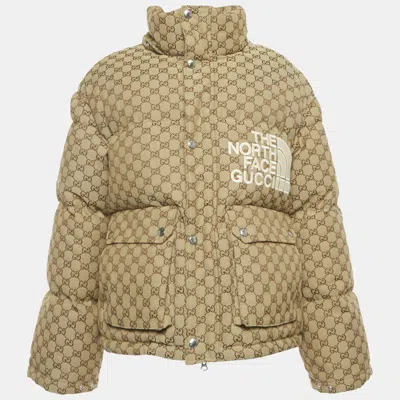 Pre-owned Gucci X The North Face Brown Gg Jacquard Canvas Down Jacket L
