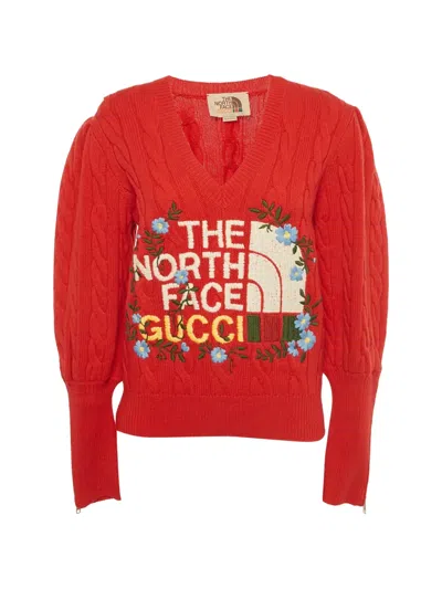 Pre-owned Gucci X The North Face Cable-knit Flower-embroidered Sweater In Red