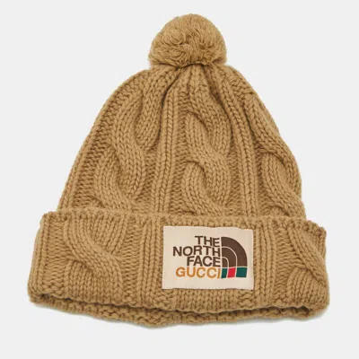 Pre-owned Gucci X The North Face Camel Brown Cable Knit Pom Pom Beanie S In Sand