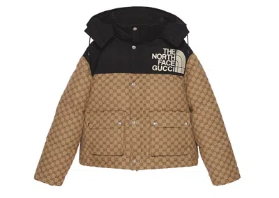 Pre-owned Gucci X The North Face Womens Gg Padded Short Jacket In Black Ebony Beige