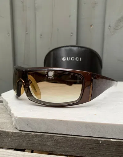 Pre-owned Gucci X Vintage 2000s Gucci Sunglasses Y2k Vintage Monogram Shield Wrap Gg In Brown