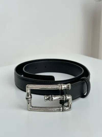 Pre-owned Gucci X Vintage Gucci Metal Bamboo Silver Buckle Leather Belt 114637 In Black