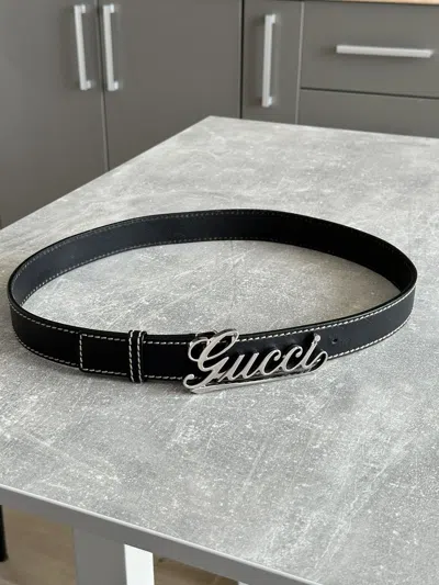 Pre-owned Gucci X Vintage Gucci Silver Big Logo Black Letaher Belt Size: 32-34 181830