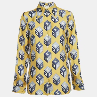 Pre-owned Gucci Yellow Cube Print Silk Long Sleeve Shirt M