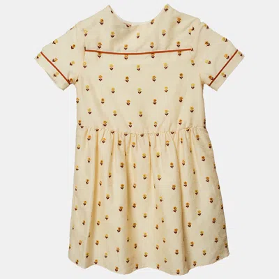 Pre-owned Gucci Yellow Floral Embroidery And Logo Pattern Cotton Dress 6 Yrs