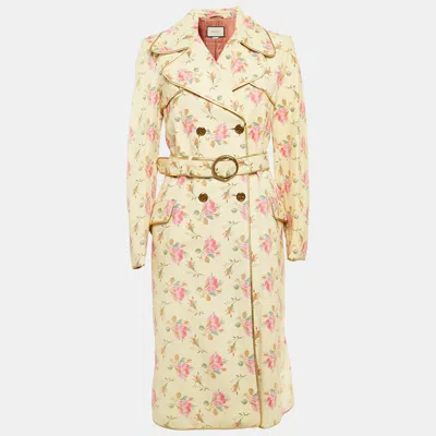Pre-owned Gucci Yellow Floral Leather Double Breasted Coat M