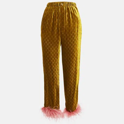 Pre-owned Gucci Yellow Gg Interlocking Feather Trim Devore Trousers Xs