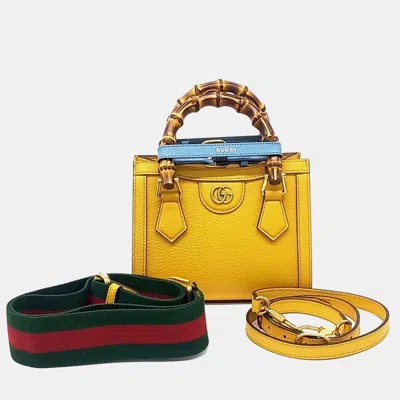 Pre-owned Gucci Yellow Leather Diana Tote And Shoulder Bag (702732)