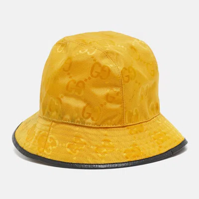 Pre-owned Gucci Yellow Logo Leather Applique Gg Canvas Bucket Hat