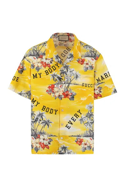 Gucci Modern Island Print Bowling Shirt For Men In Yellow