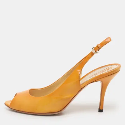 Pre-owned Gucci Yellow Patent Leather Peep Toe Slingback Pumps Size 37