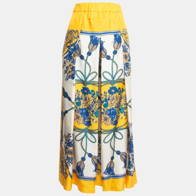Pre-owned Gucci Yellow Printed Silk Twill Pleated Palazzo Pants S