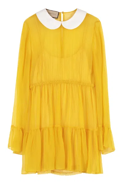 Gucci Yellow Ruffled Chiffon Dress With Peter-pan Collar And Removable Slip