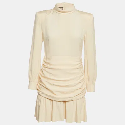 Pre-owned Gucci Yellow Silk Ruched Detail Mini Dress M In Cream
