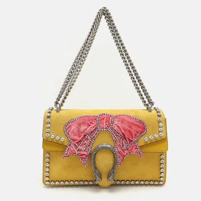 Pre-owned Gucci Yellow Suede Crystal Bow Embroidered Dionysus Shoulder Bag