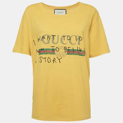 Pre-owned Gucci Yellow Vintage Logo Print Jersey Distressed T-shirt M