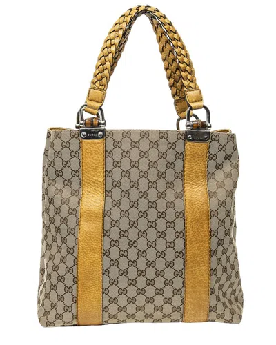 Pre-owned Gucci Yellow/beige Monogrammed Canvas Vertical Bamboo Bar Shopper Tote (authentic Pre-loved)