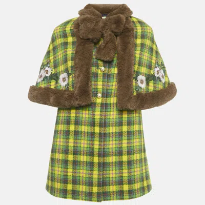 Pre-owned Gucci Yellow/green Checks Wool And Faux Fur Trim Jacket 10yrs