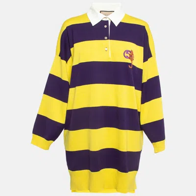 Pre-owned Gucci Yellow/purple G Cat Applique Striped Cotton Knit Polo Dress L